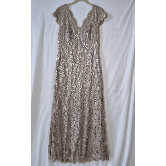 Tadashi Shoji Womens Sequin Lace Tan Wedding Party Evening Maxi Gown US 12 - Picture 1 of 9